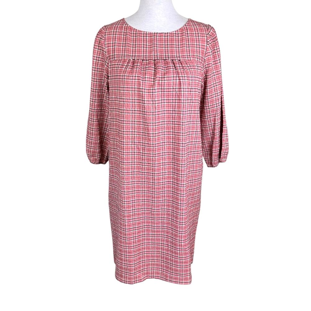 LOFT Pink Multicolor Plaid Pullover Long Bubble Sleeve Mini Cottagecore Dress